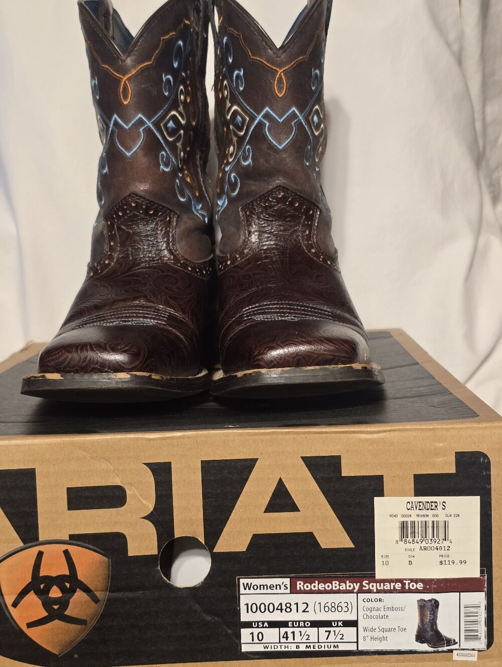 Ariat Rodeo Baby Women's Brown Embossed Boots with Turquiose/ Orange Stitching